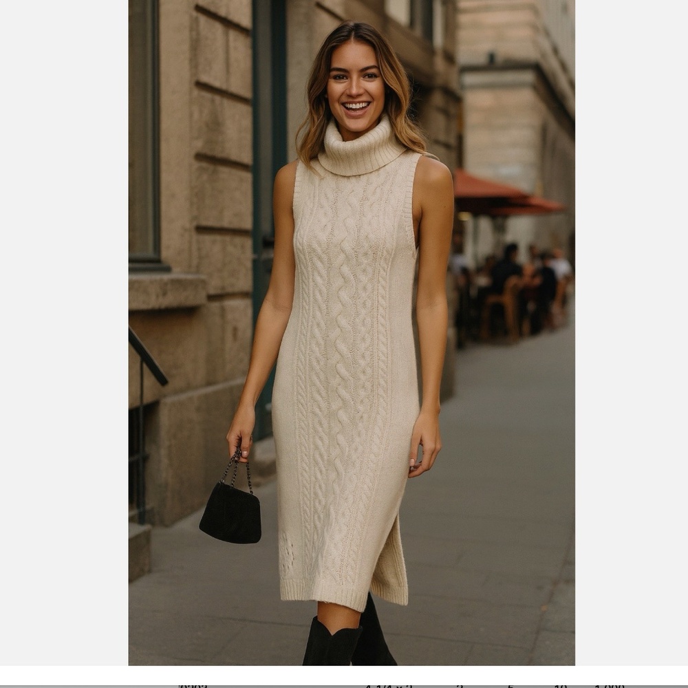 NWT 525 Cable Knit Sleeveless Turtleneck Midi Dress Size Large Chalk Acrylic